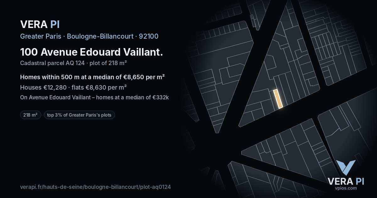 100 Avenue Edouard Vaillant, Boulogne-Billancourt at night – the plot lit, the parcels around coloured by the prices near them