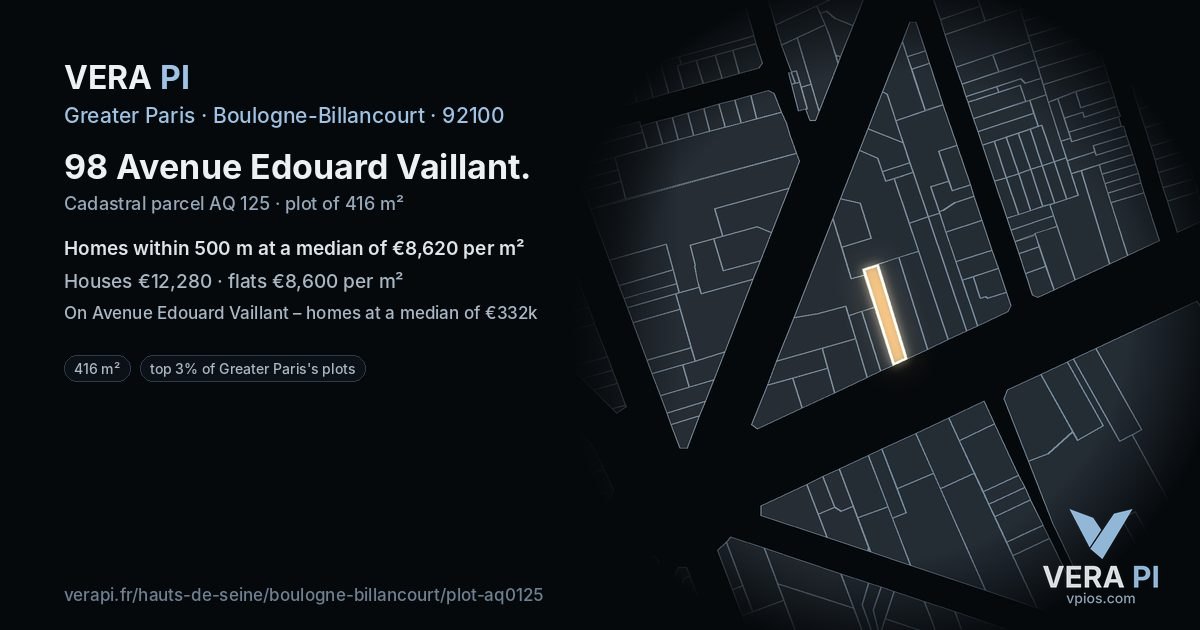 98 Avenue Edouard Vaillant, Boulogne-Billancourt at night – the plot lit, the parcels around coloured by the prices near them