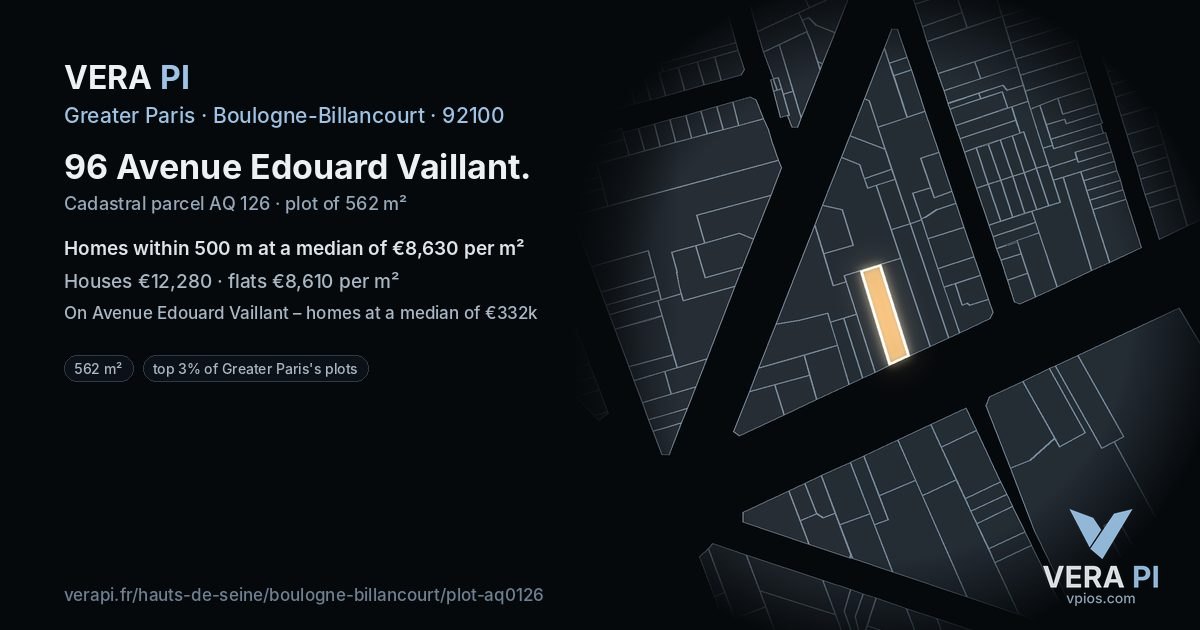 96 Avenue Edouard Vaillant, Boulogne-Billancourt at night – the plot lit, the parcels around coloured by the prices near them