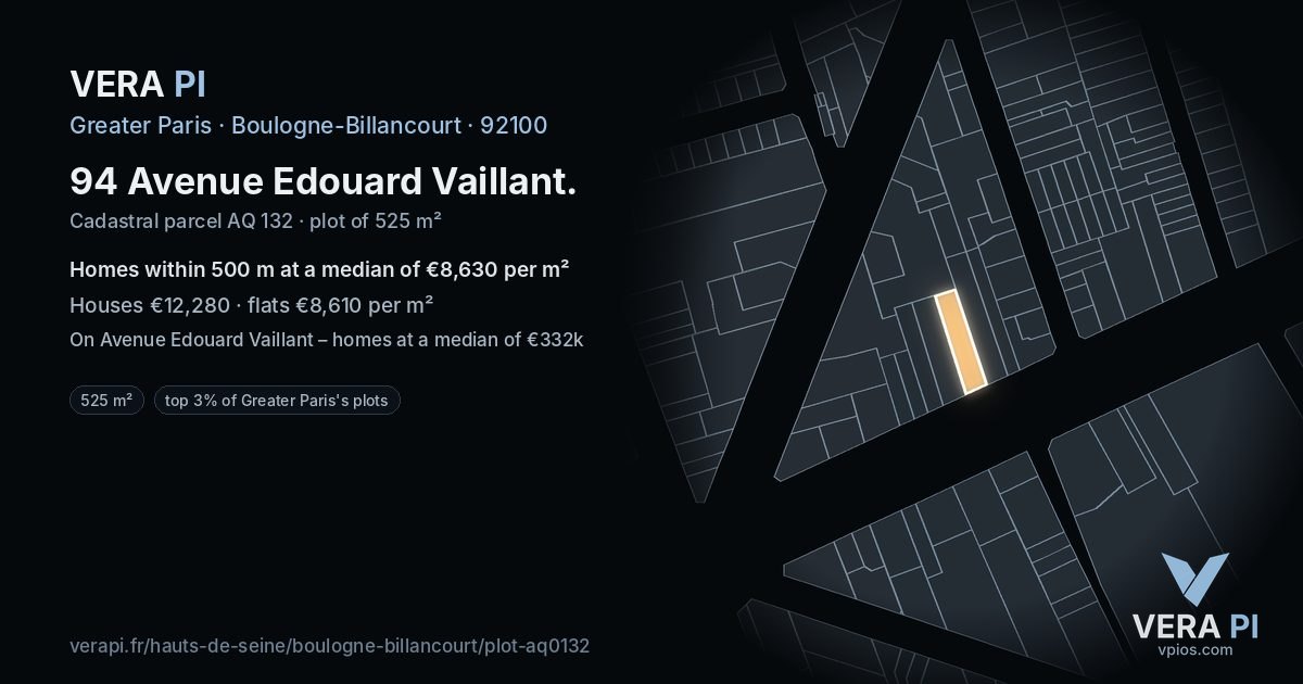 94 Avenue Edouard Vaillant, Boulogne-Billancourt at night – the plot lit, the parcels around coloured by the prices near them