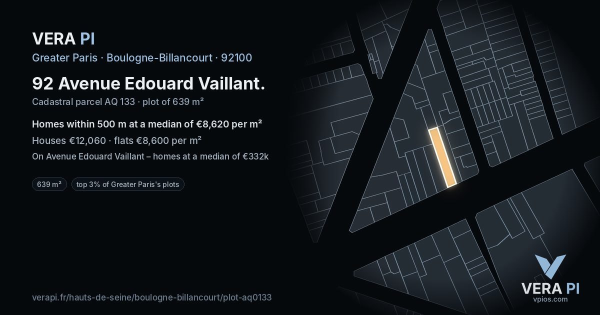 92 Avenue Edouard Vaillant, Boulogne-Billancourt at night – the plot lit, the parcels around coloured by the prices near them