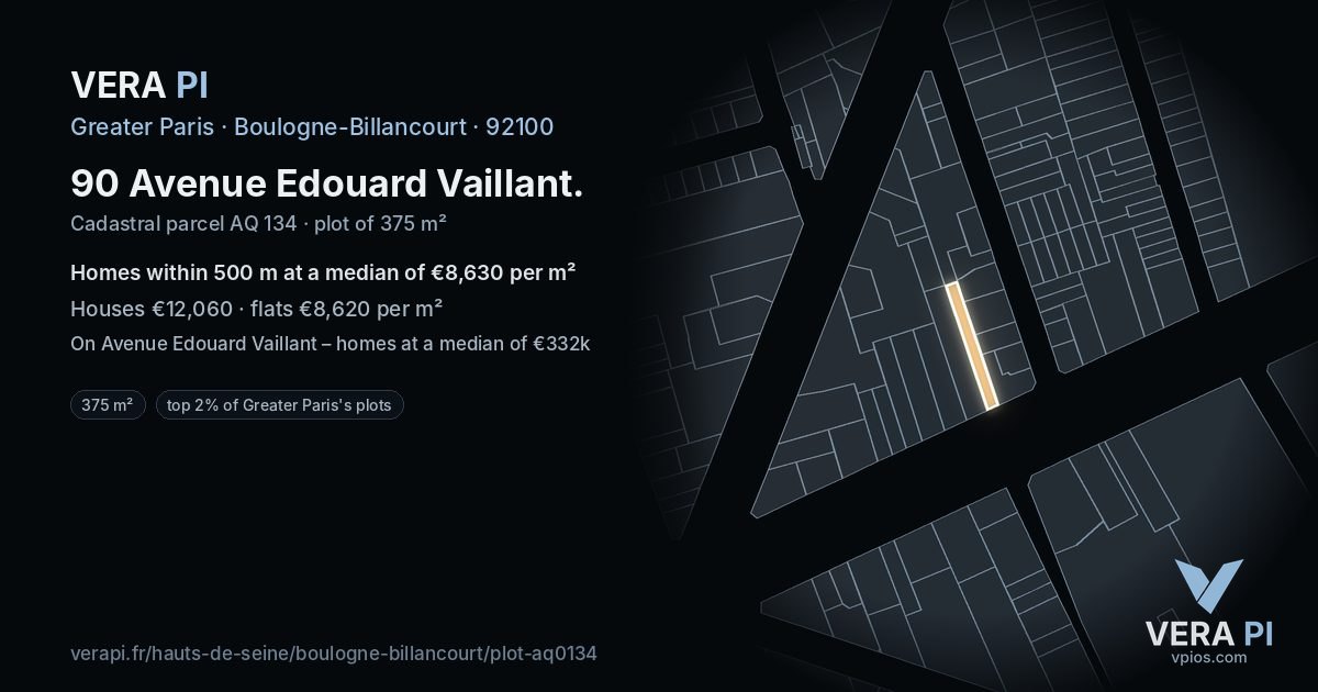 90 Avenue Edouard Vaillant, Boulogne-Billancourt at night – the plot lit, the parcels around coloured by the prices near them