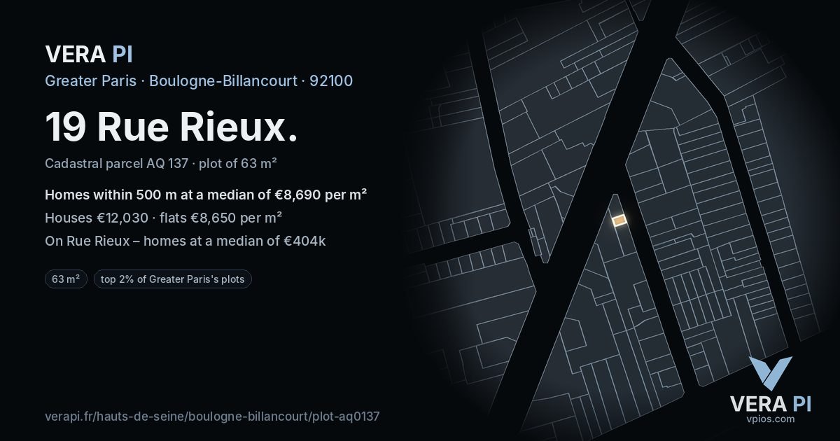 19 Rue Rieux, Boulogne-Billancourt at night – the plot lit, the parcels around coloured by the prices near them