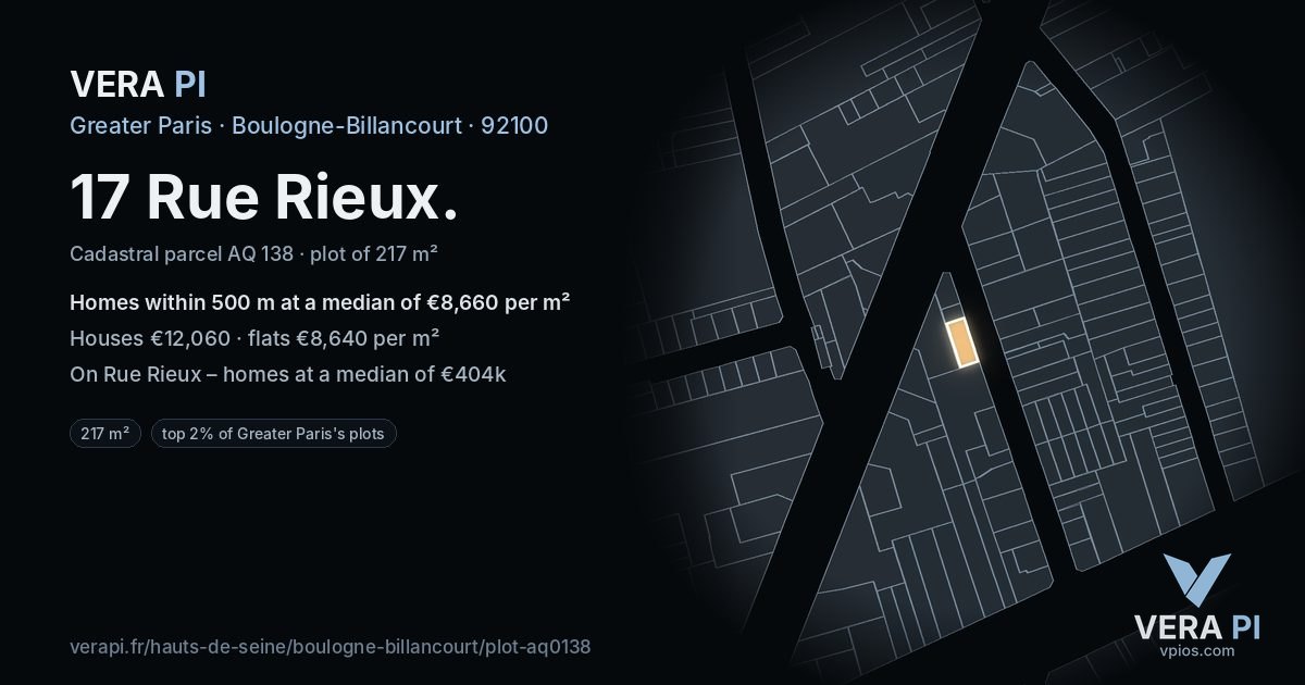 17 Rue Rieux, Boulogne-Billancourt at night – the plot lit, the parcels around coloured by the prices near them