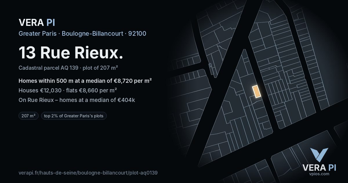 13 Rue Rieux, Boulogne-Billancourt at night – the plot lit, the parcels around coloured by the prices near them