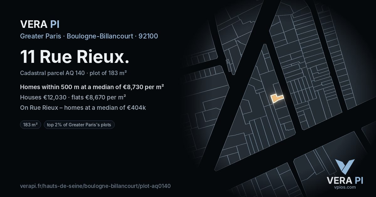 11 Rue Rieux, Boulogne-Billancourt at night – the plot lit, the parcels around coloured by the prices near them