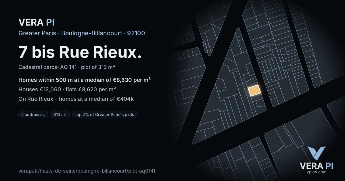7 bis Rue Rieux, Boulogne-Billancourt at night – the plot lit, the parcels around coloured by the prices near them