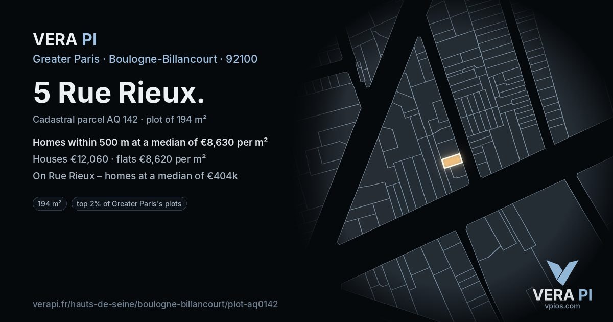 5 Rue Rieux, Boulogne-Billancourt at night – the plot lit, the parcels around coloured by the prices near them