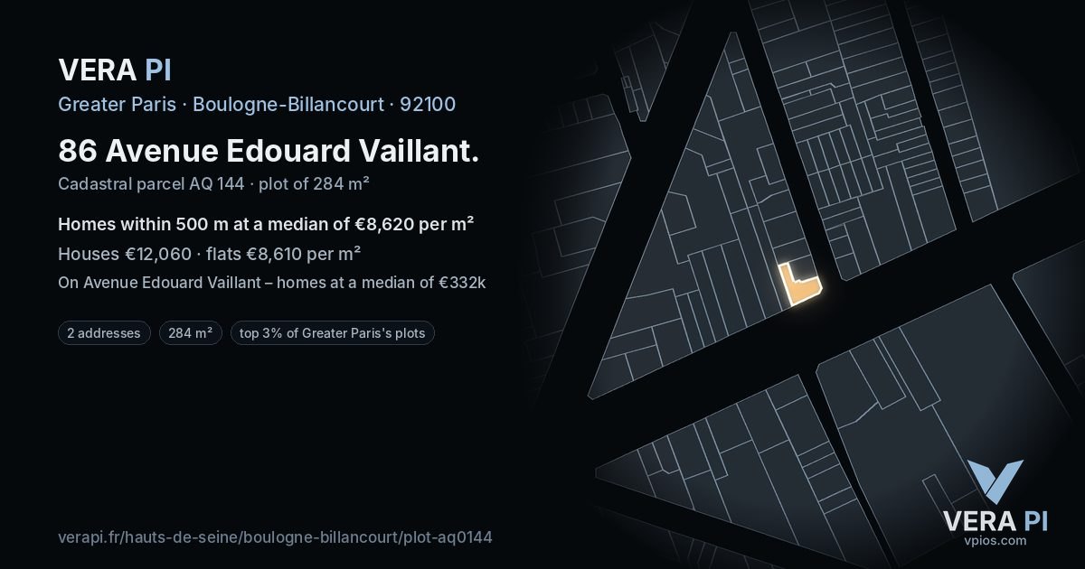 86 Avenue Edouard Vaillant, Boulogne-Billancourt at night – the plot lit, the parcels around coloured by the prices near them