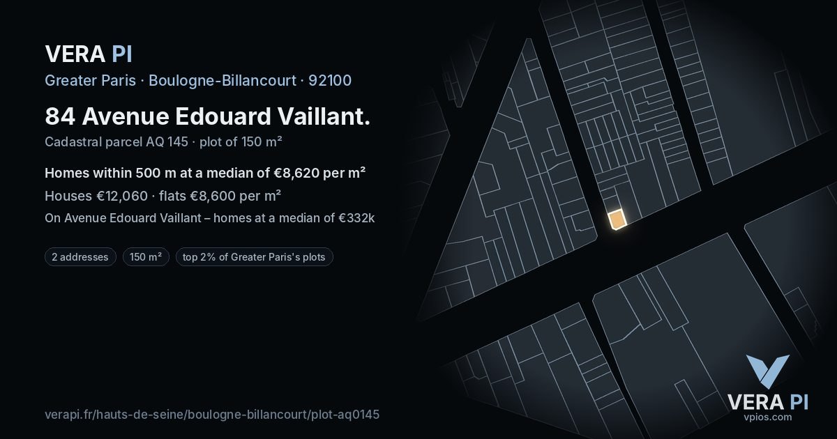 84 Avenue Edouard Vaillant, Boulogne-Billancourt at night – the plot lit, the parcels around coloured by the prices near them