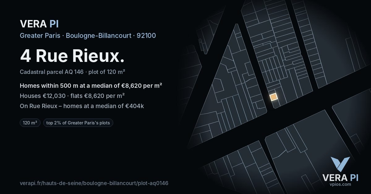 4 Rue Rieux, Boulogne-Billancourt at night – the plot lit, the parcels around coloured by the prices near them