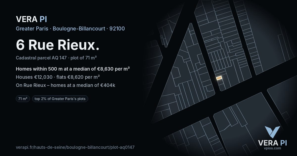 6 Rue Rieux, Boulogne-Billancourt at night – the plot lit, the parcels around coloured by the prices near them