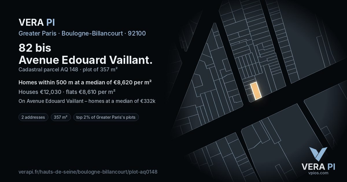 82 bis Avenue Edouard Vaillant, Boulogne-Billancourt at night – the plot lit, the parcels around coloured by the prices near them