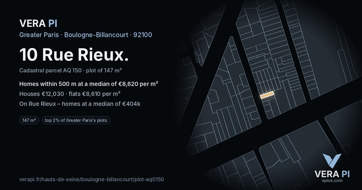 10 Rue Rieux, Boulogne-Billancourt at night – the plot lit, the parcels around coloured by the prices near them