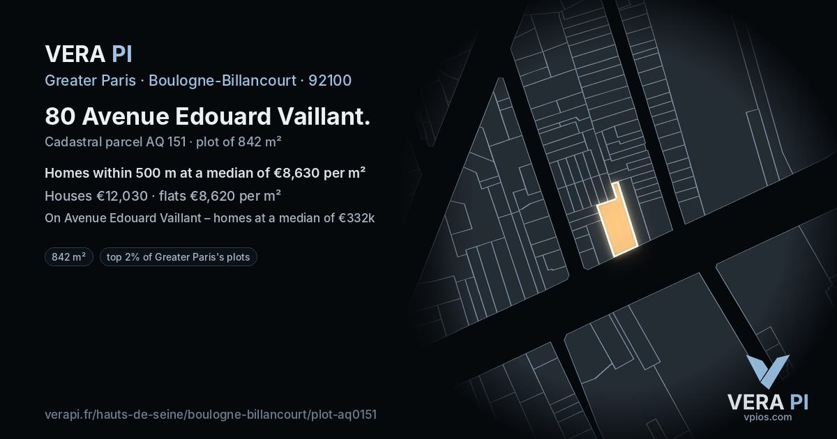 80 Avenue Edouard Vaillant, Boulogne-Billancourt at night – the plot lit, the parcels around coloured by the prices near them