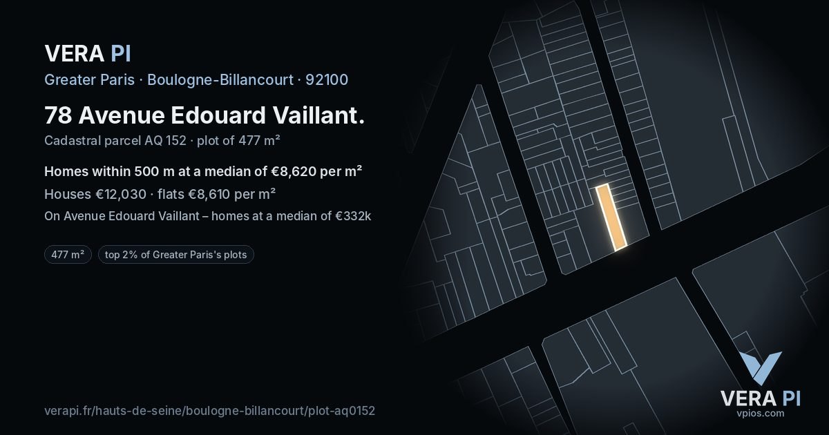 78 Avenue Edouard Vaillant, Boulogne-Billancourt at night – the plot lit, the parcels around coloured by the prices near them
