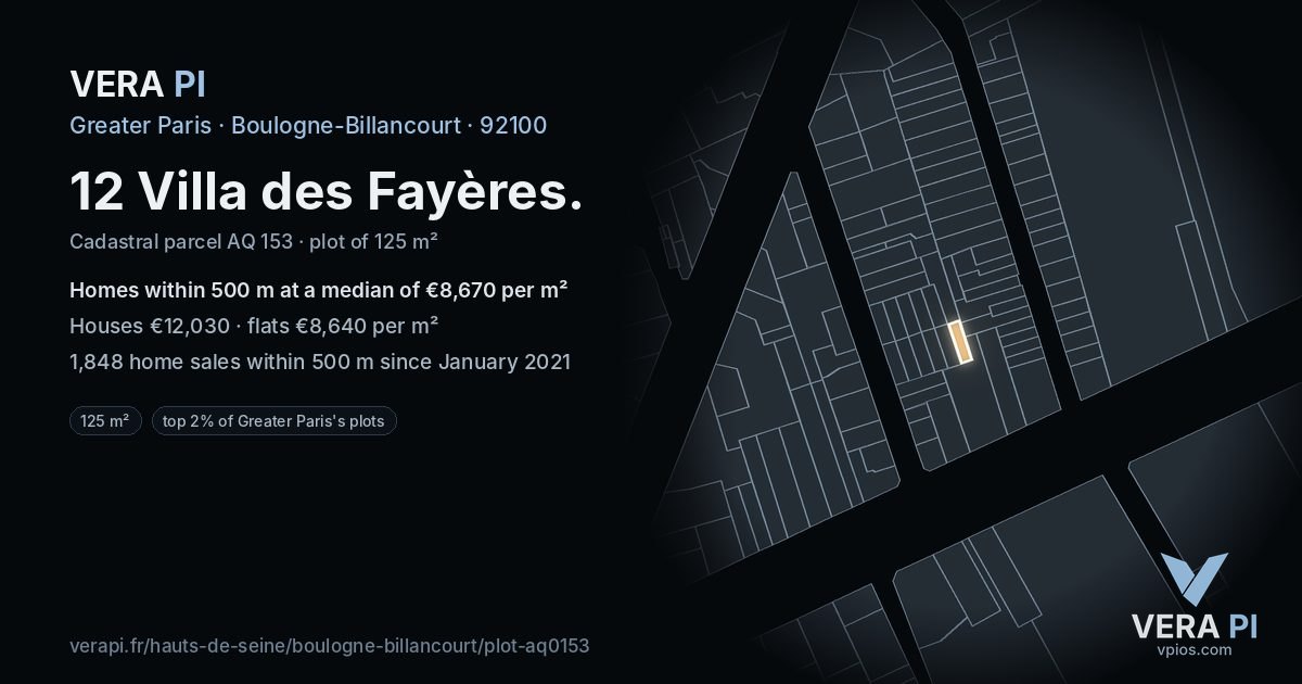 12 Villa des Fayères, Boulogne-Billancourt at night – the plot lit, the parcels around coloured by the prices near them