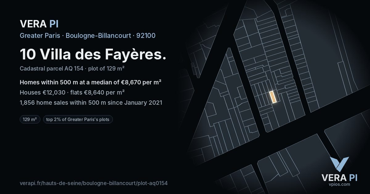 10 Villa des Fayères, Boulogne-Billancourt at night – the plot lit, the parcels around coloured by the prices near them