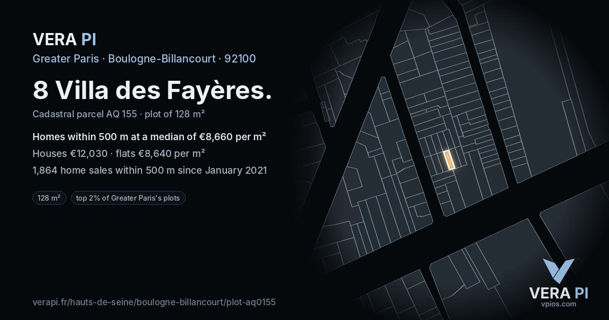 8 Villa des Fayères, Boulogne-Billancourt at night – the plot lit, the parcels around coloured by the prices near them