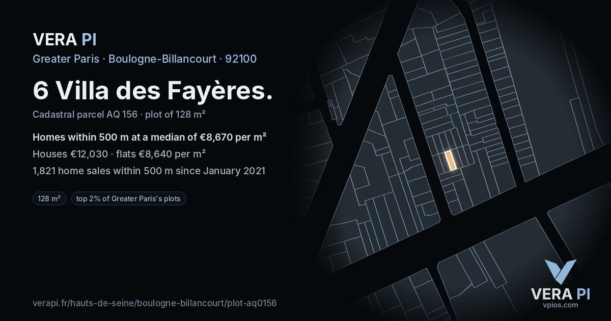 6 Villa des Fayères, Boulogne-Billancourt at night – the plot lit, the parcels around coloured by the prices near them