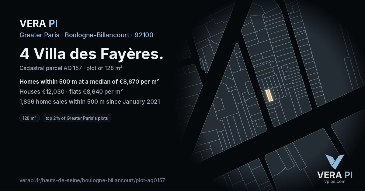4 Villa des Fayères, Boulogne-Billancourt at night – the plot lit, the parcels around coloured by the prices near them