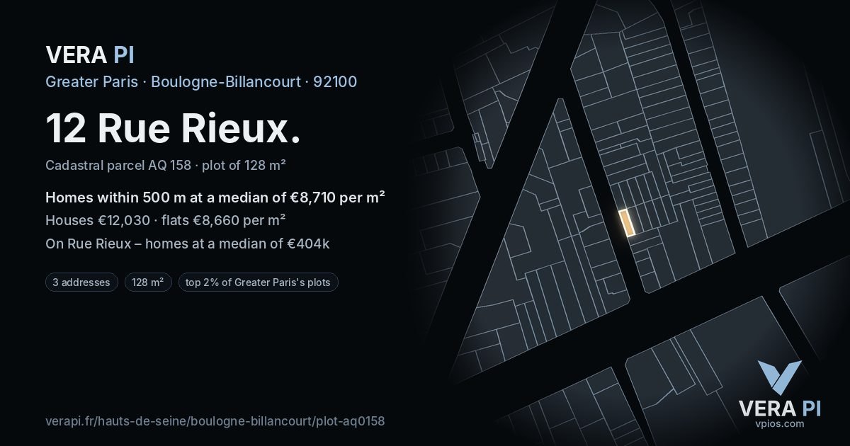 12 Rue Rieux, Boulogne-Billancourt at night – the plot lit, the parcels around coloured by the prices near them