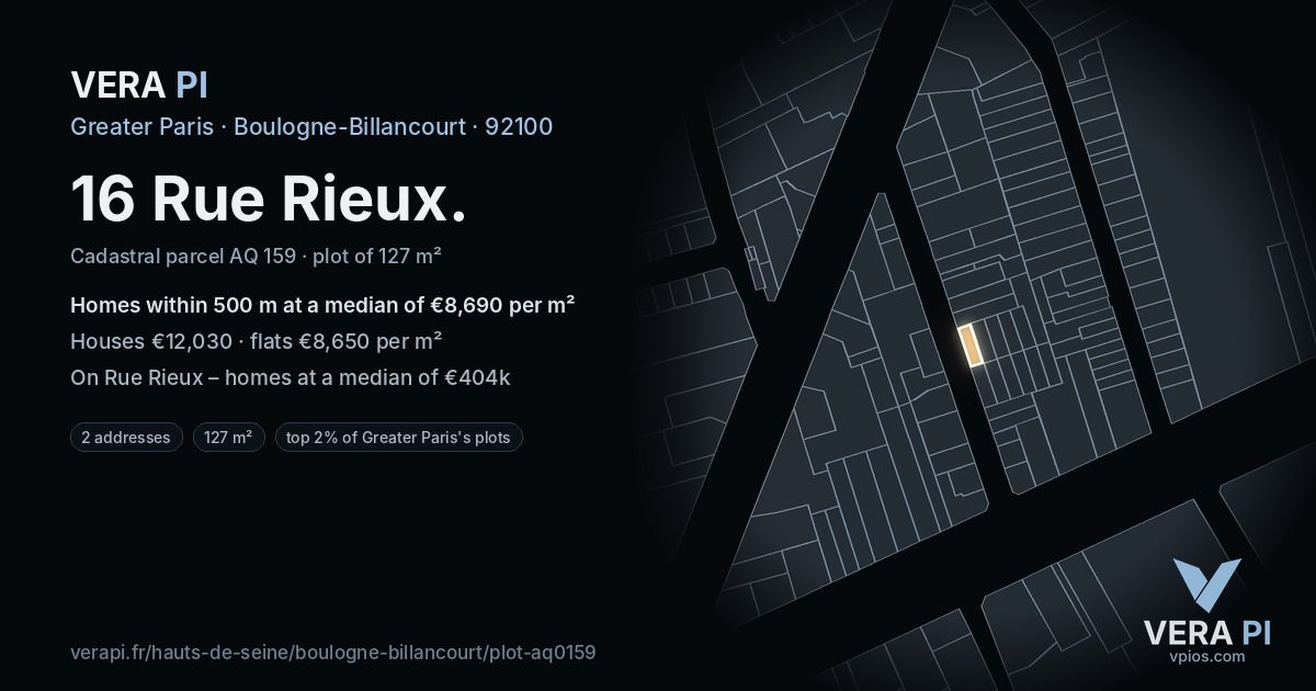 16 Rue Rieux, Boulogne-Billancourt at night – the plot lit, the parcels around coloured by the prices near them