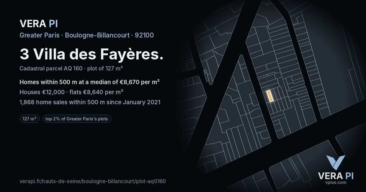 3 Villa des Fayères, Boulogne-Billancourt at night – the plot lit, the parcels around coloured by the prices near them
