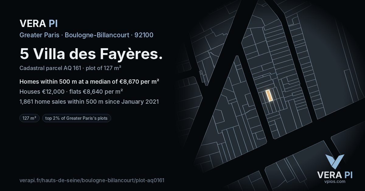 5 Villa des Fayères, Boulogne-Billancourt at night – the plot lit, the parcels around coloured by the prices near them