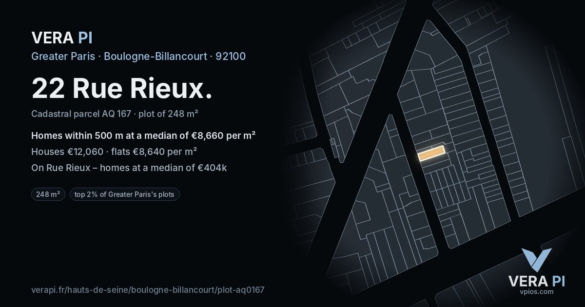 22 Rue Rieux, Boulogne-Billancourt at night – the plot lit, the parcels around coloured by the prices near them