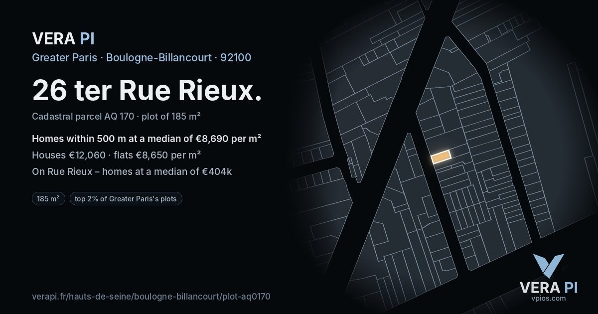 26 ter Rue Rieux, Boulogne-Billancourt at night – the plot lit, the parcels around coloured by the prices near them