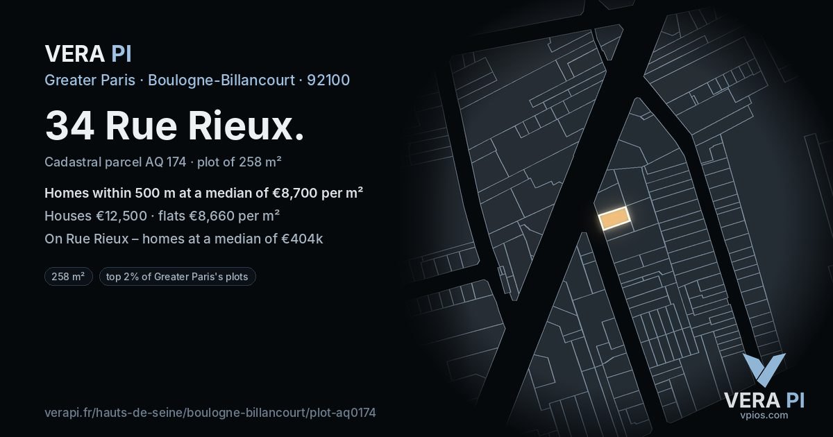 34 Rue Rieux, Boulogne-Billancourt at night – the plot lit, the parcels around coloured by the prices near them