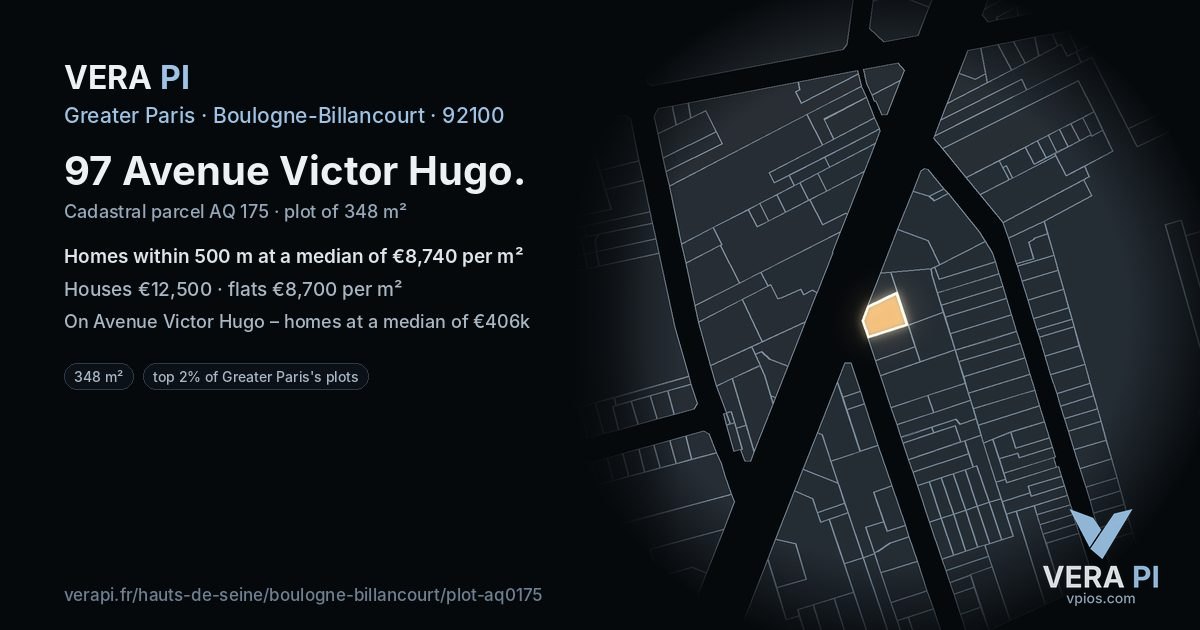 97 Avenue Victor Hugo, Boulogne-Billancourt at night – the plot lit, the parcels around coloured by the prices near them