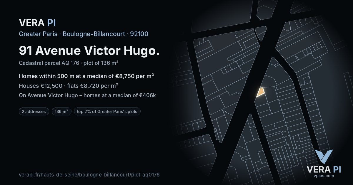 91 Avenue Victor Hugo, Boulogne-Billancourt at night – the plot lit, the parcels around coloured by the prices near them