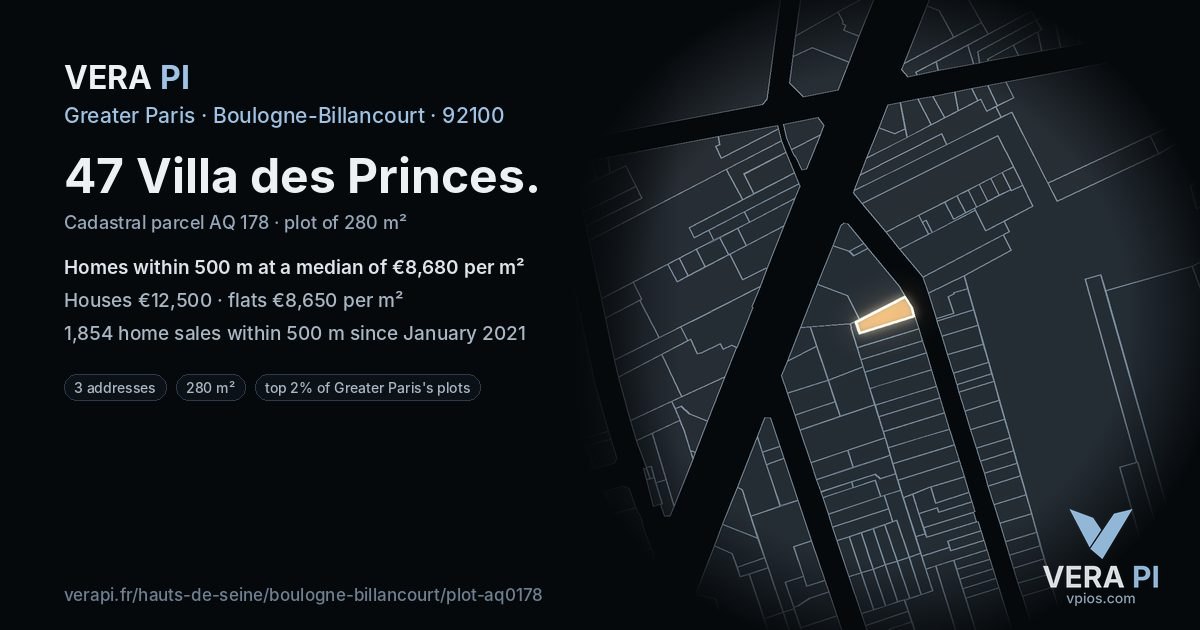 47 Villa des Princes, Boulogne-Billancourt at night – the plot lit, the parcels around coloured by the prices near them