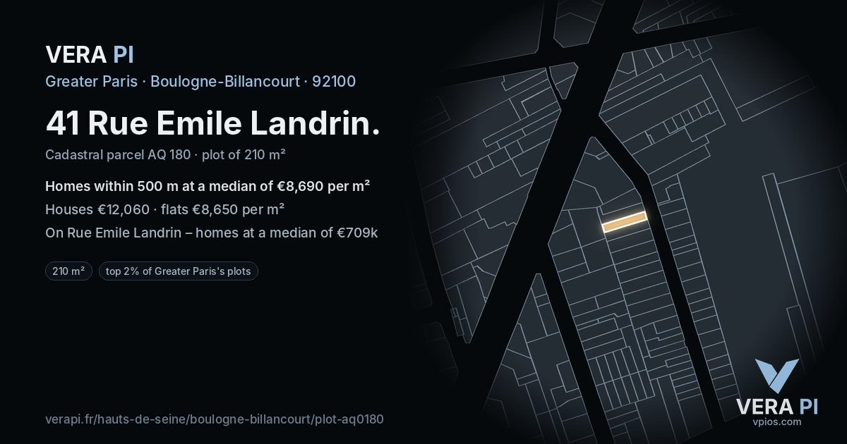 41 Rue Emile Landrin, Boulogne-Billancourt at night – the plot lit, the parcels around coloured by the prices near them