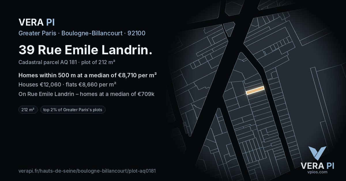 39 Rue Emile Landrin, Boulogne-Billancourt at night – the plot lit, the parcels around coloured by the prices near them