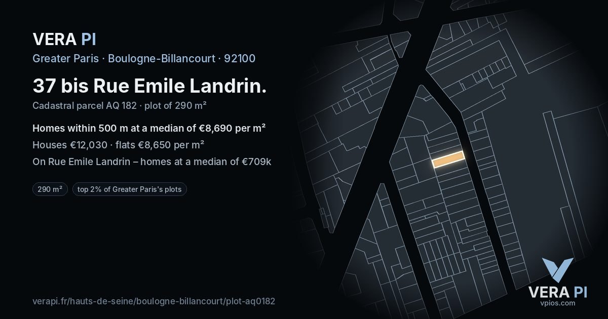 37 bis Rue Emile Landrin, Boulogne-Billancourt at night – the plot lit, the parcels around coloured by the prices near them