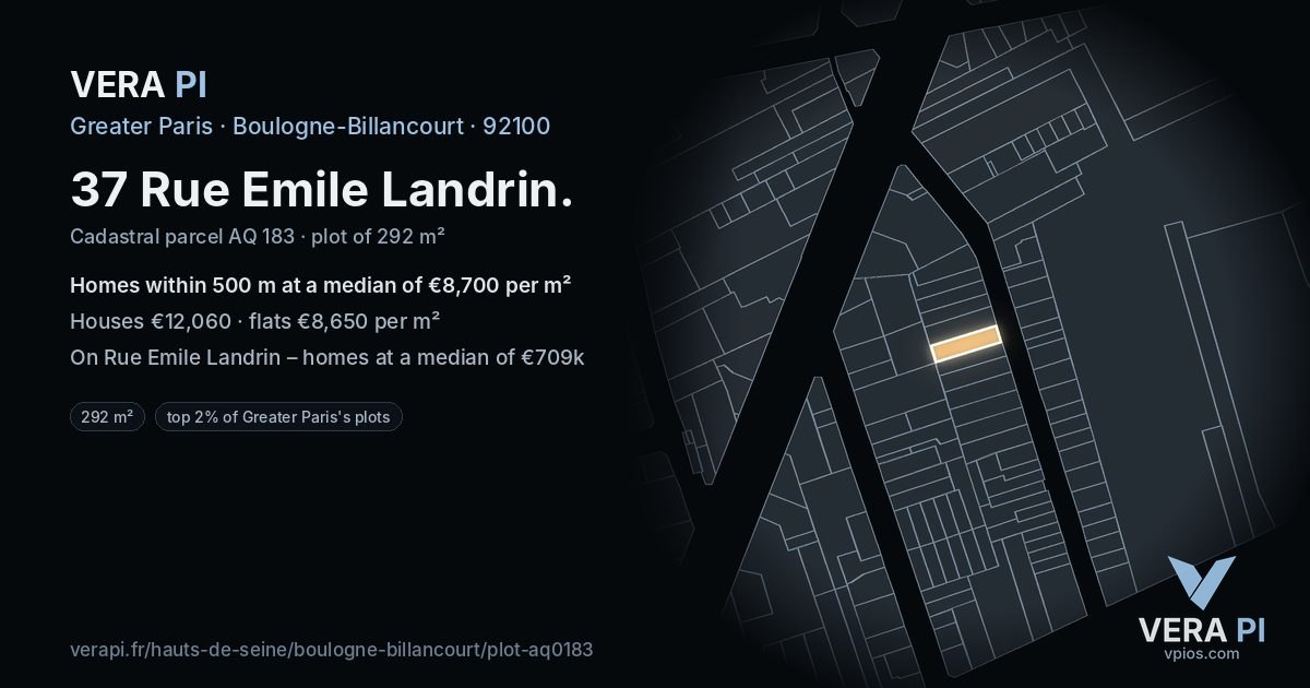 37 Rue Emile Landrin, Boulogne-Billancourt at night – the plot lit, the parcels around coloured by the prices near them