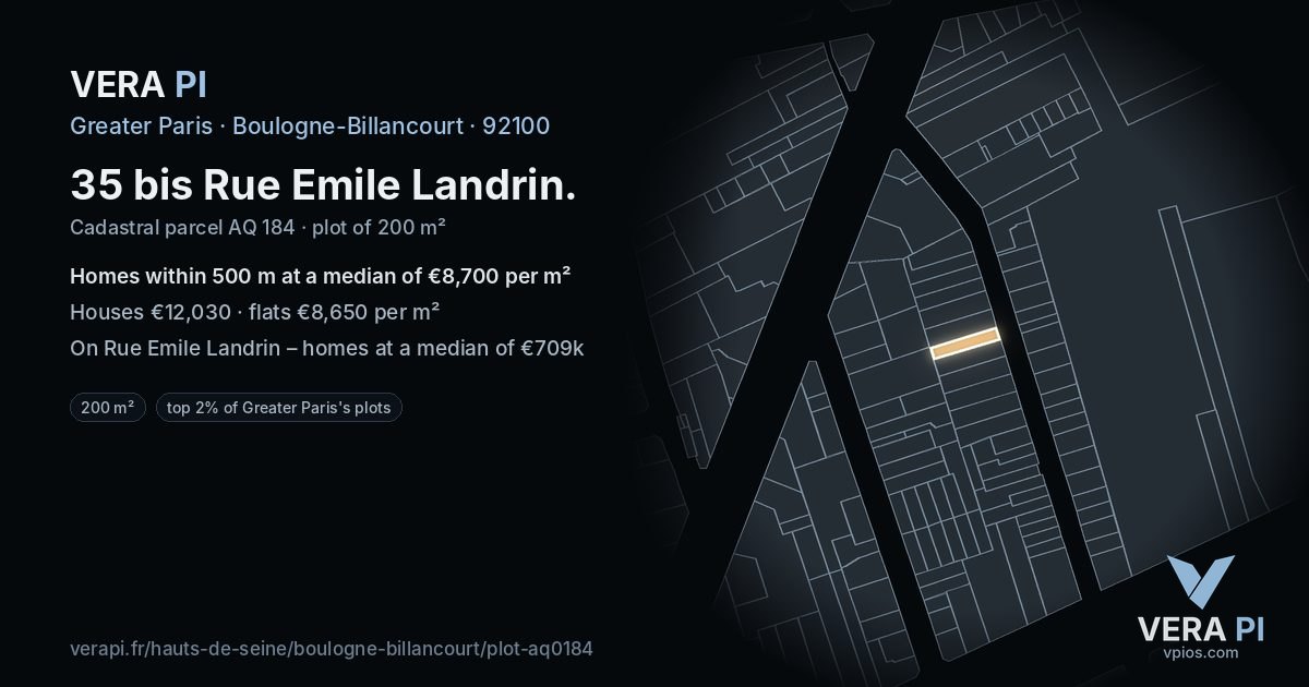 35 bis Rue Emile Landrin, Boulogne-Billancourt at night – the plot lit, the parcels around coloured by the prices near them