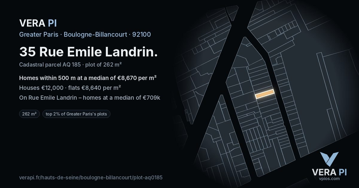35 Rue Emile Landrin, Boulogne-Billancourt at night – the plot lit, the parcels around coloured by the prices near them