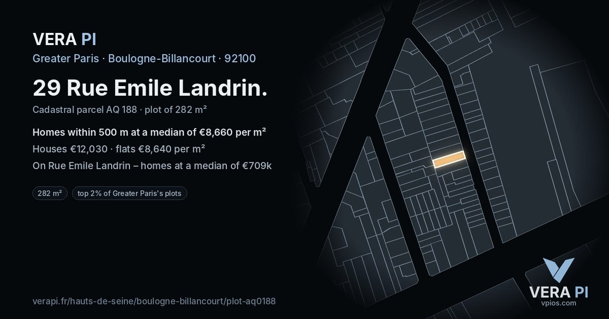 29 Rue Emile Landrin, Boulogne-Billancourt at night – the plot lit, the parcels around coloured by the prices near them