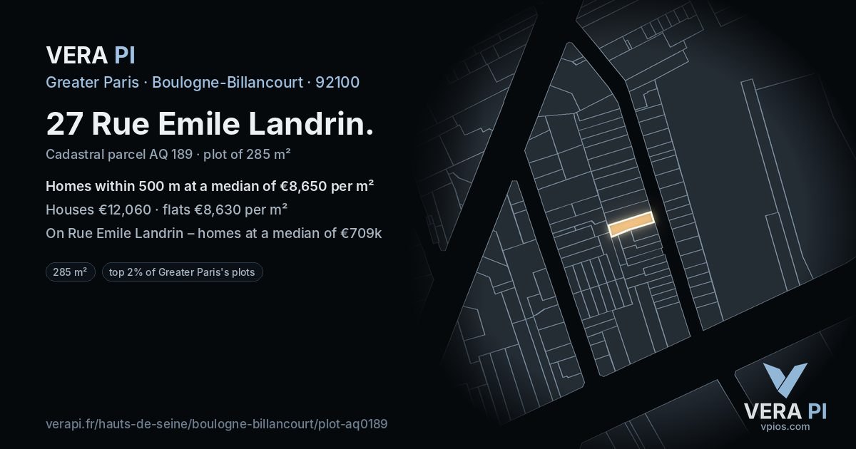 27 Rue Emile Landrin, Boulogne-Billancourt at night – the plot lit, the parcels around coloured by the prices near them