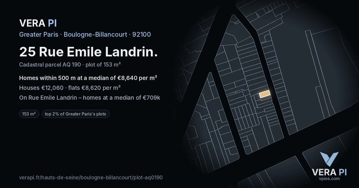 25 Rue Emile Landrin, Boulogne-Billancourt at night – the plot lit, the parcels around coloured by the prices near them