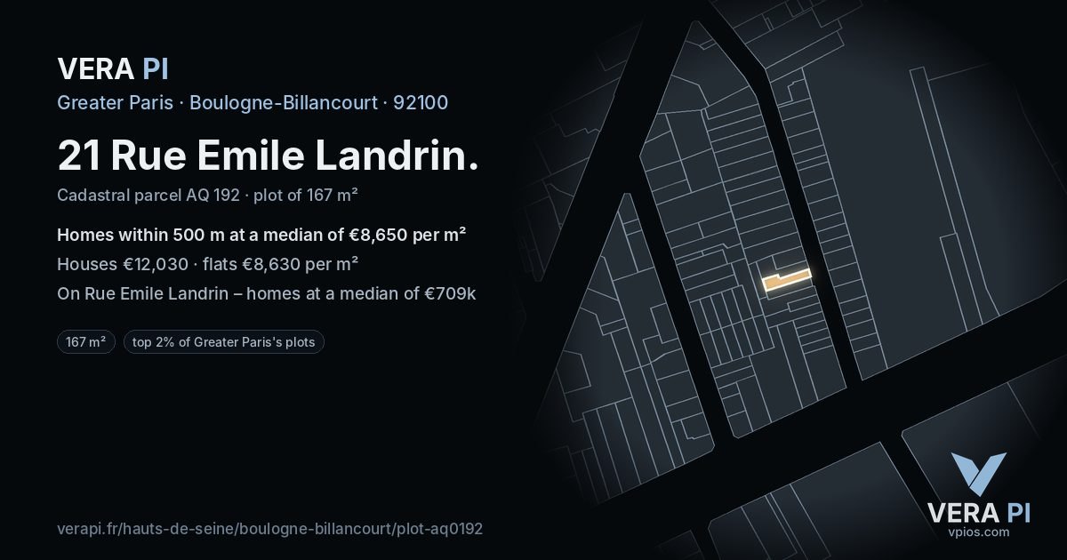 21 Rue Emile Landrin, Boulogne-Billancourt at night – the plot lit, the parcels around coloured by the prices near them