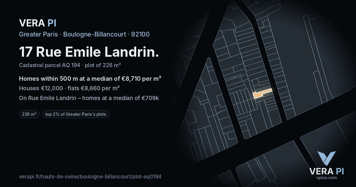 17 Rue Emile Landrin, Boulogne-Billancourt at night – the plot lit, the parcels around coloured by the prices near them