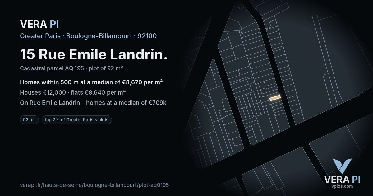 15 Rue Emile Landrin, Boulogne-Billancourt at night – the plot lit, the parcels around coloured by the prices near them