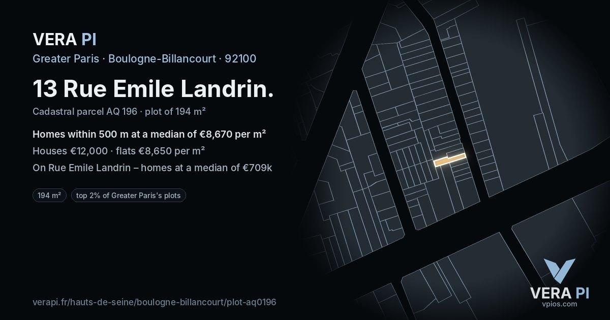 13 Rue Emile Landrin, Boulogne-Billancourt at night – the plot lit, the parcels around coloured by the prices near them