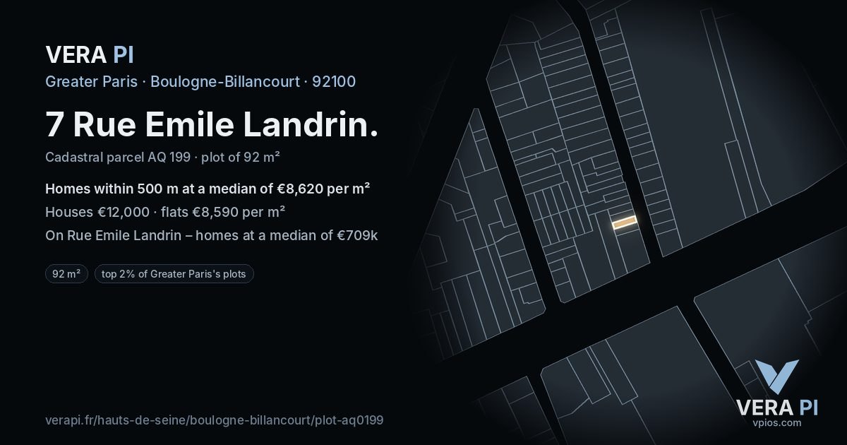 7 Rue Emile Landrin, Boulogne-Billancourt at night – the plot lit, the parcels around coloured by the prices near them