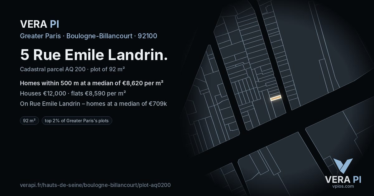 5 Rue Emile Landrin, Boulogne-Billancourt at night – the plot lit, the parcels around coloured by the prices near them